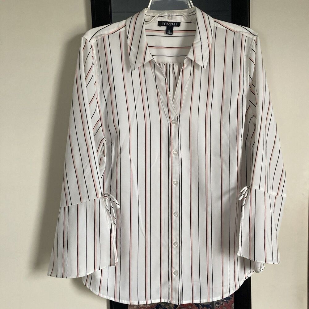 Roz & Ali Top XL Striped White Pink Flared Sleeves Lightweight Button Front - Picture 14 of 14